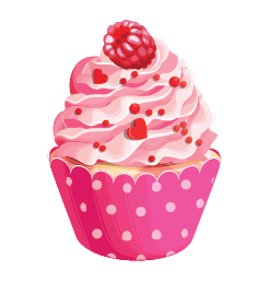 Illustration of a vibrant cupcake with a raspberry on top, decorated with small hearts and beads, in a polka dot cup adorned with Cover-Alls Cupcake Decals.