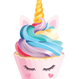 Illustration of a whimsical unicorn-themed Cupcake Decals by Cover-Alls with vibrant, multicolored swirled frosting and a golden horn, designed with closed eyes and lashes on a green background.