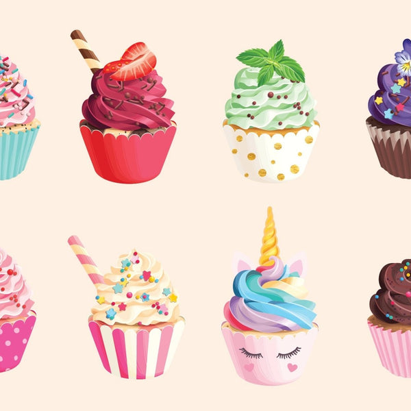Eight illustrated Cupcake Decals with various designs, including a unicorn-themed cupcake and others decorated with fruits, flowers, and candy. These vibrant Cupcake Decals are perfect for any sugary treat enthusiast.