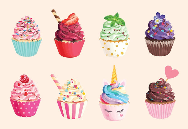 Eight illustrated Cupcake Decals with various designs, including a unicorn-themed cupcake and others decorated with fruits, flowers, and candy. These vibrant Cupcake Decals are perfect for any sugary treat enthusiast.