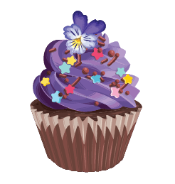 A vibrant Cover-Alls cupcake with purple frosting, decorated with a violet flower, sprinkles, and chocolate shavings, against a green background.