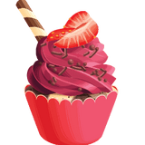 Illustration of a vibrant Cover-Alls cupcake decal with pink frosting, topped with a strawberry slice, chocolate drizzle, and a wafer stick in a red wrapper.