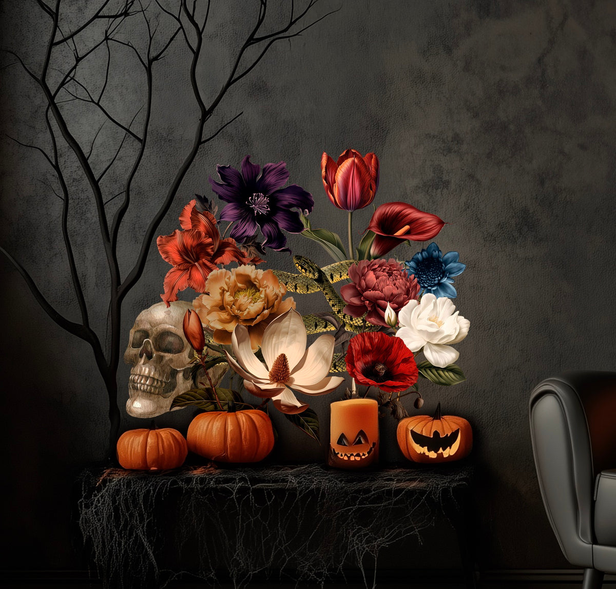 A still life composition featuring a skull, pumpkins, and a variety of colorful blooms is set on a table adorned with cobwebs against a dark, textured wall. Adding to the Halloween atmosphere is a black, leafless tree branch. This arrangement evokes an Old Master still life aesthetic and is perfectly complemented by Cover-Alls' Dark Romance Vintage Flower Decals.