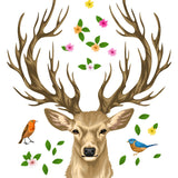 Illustrated Deer Head with Antlers, <br>Flowers and Birds by Cover-Alls surrounded by whimsical flowers, leaves, a robin on the left, and a bluebird on the right; perfect for nature home decor.