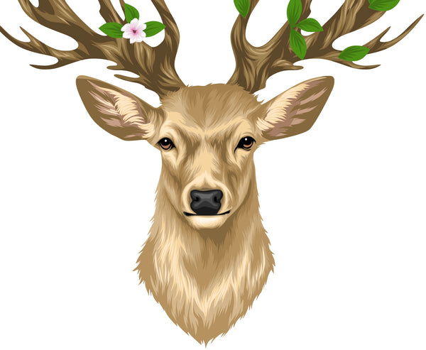 Illustration of a whimsical deer head with antlers, adorned with green leaves and a pink flower, perfect for nature home decor. Introducing the Deer Head with Antlers, <br>Flowers and Birds by Cover-Alls.