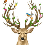 Illustration of a deer head with antlers adorned with whimsical flowers and leaves, and two birds perched on the antlers; perfect for nature home decor. Presenting 