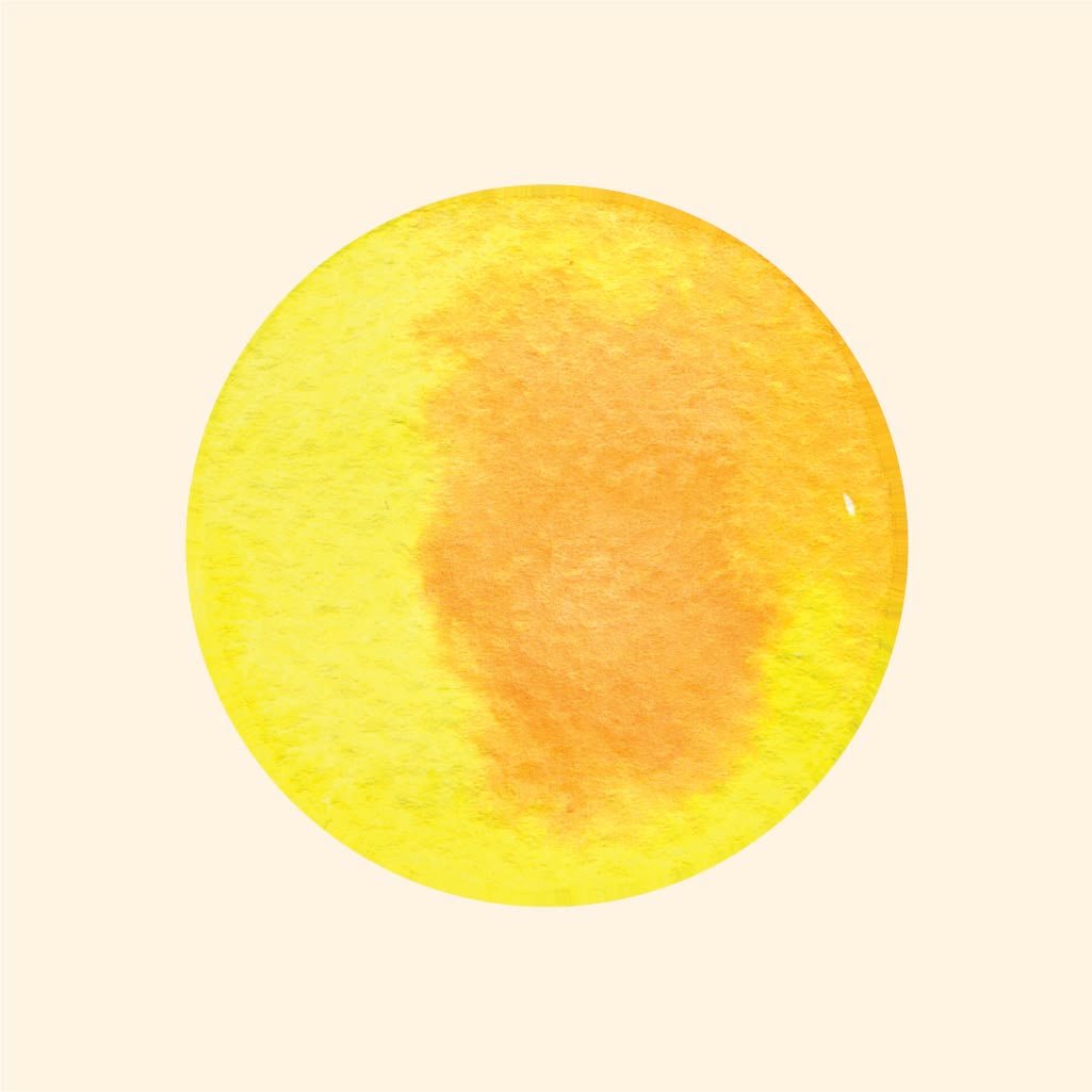 A Dot Decals painting of a circular yellow and orange shape on a pale background, resembling a sun or planet, highlighted with vibrant colors by Cover-Alls.