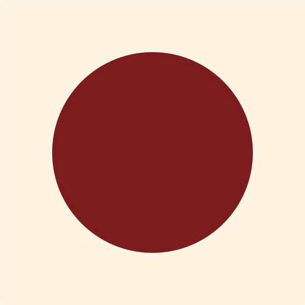 A simple graphic of a dark red circle with Cover-Alls Dot Decals centered on a light beige background.