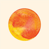 Watercolor painting of a vibrant globe in warm tones of orange, red, and yellow, resembling a stylized sun with Cover-Alls Dot Decals, against a pale background.