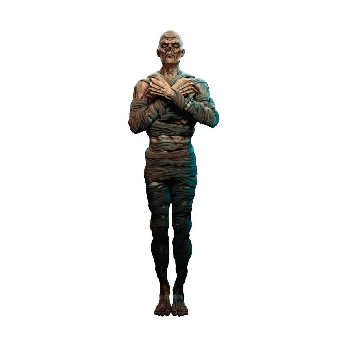A Egyptian Guard Mummy Zombie with crossed arms and visible skeletal features against a plain green background, perfect as Halloween decor by Cover-Alls.