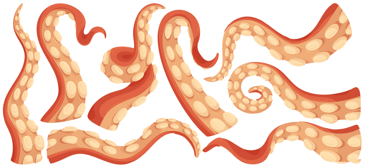 Illustration of several Eight Terrifying Tentacle Decals with suckers, variably curled and extended, set against a plain green background. Brand Name: Cover-Alls