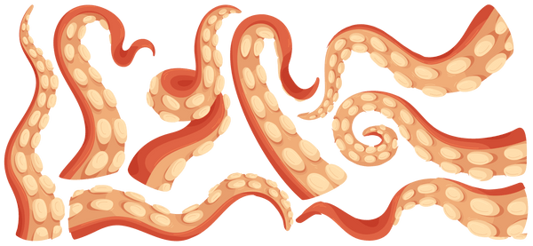 Illustration of several Eight Terrifying Tentacle Decals with suckers, variably curled and extended, set against a plain green background. Brand Name: Cover-Alls