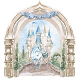 Watercolor illustration of a majestic unicorn in front of an Enchanted Castle with Unicorn Decal, framed by an arch with the name 