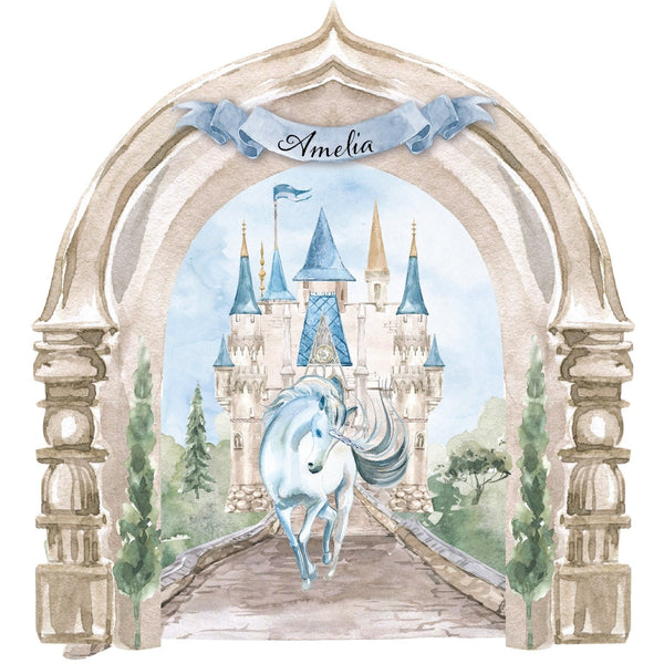 Watercolor illustration of a majestic unicorn in front of an Enchanted Castle with Unicorn Decal, framed by an arch with the name "amelia" at the top by Cover-Alls.