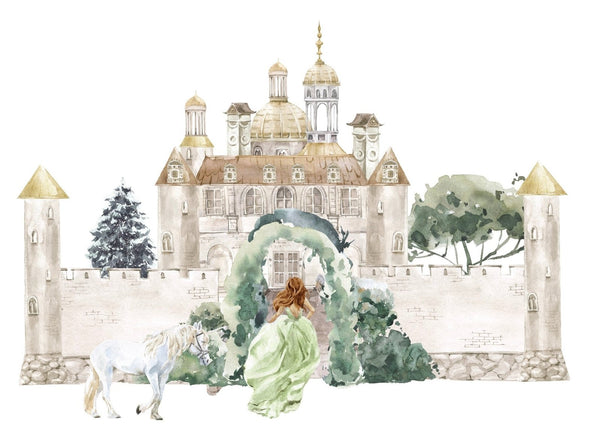 Watercolor illustration of a princess figure in a green cape riding a white horse through an arched hedge toward Cover-Alls Fairytale Castle Decals surrounded by trees and towers.