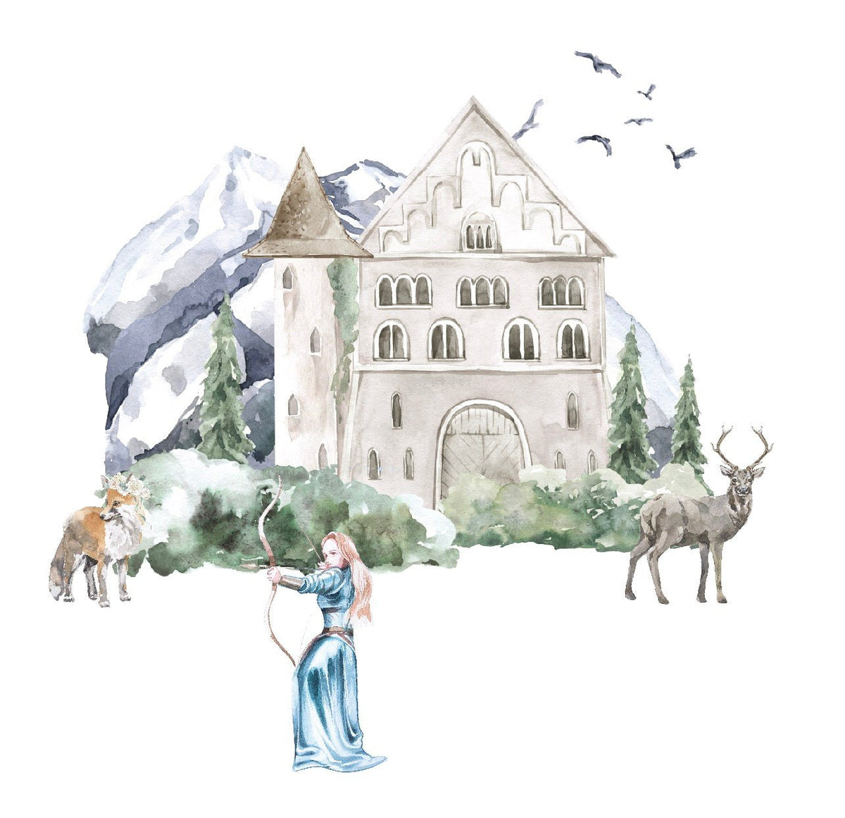 Cover-Alls Fairytale Castle Decals illustration with mountains in the background, a princess figure in blue playing a harp, deer, and birds flying overhead.