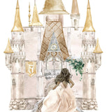 A woman in a flowing gown sitting and gazing at a large, Fairytale Castle Decals with multiple spires and customized banners by Cover-Alls.
