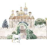 Watercolor painting of Fairytale Castle Decals by Cover-Alls with towers, surrounded by trees and a white horse standing near an arched entryway.