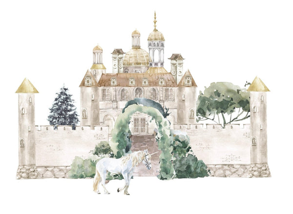 Watercolor painting of Fairytale Castle Decals by Cover-Alls with towers, surrounded by trees and a white horse standing near an arched entryway.