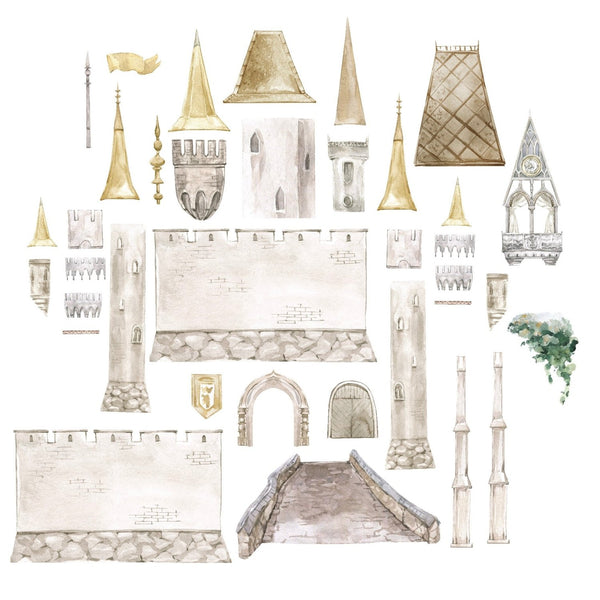 Illustration of various Cover-Alls Fairytale Castle Decals, including towers, walls, and arches, depicted in a hand-drawn, watercolor style on a white background.