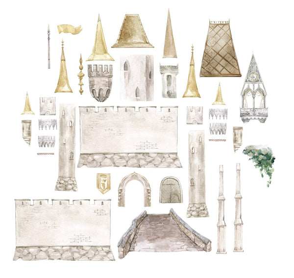 Illustration of various Cover-Alls Fairytale Castle Decals, including towers, walls, and arches, depicted in a hand-drawn, watercolor style on a white background.