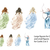 Watercolor illustrations of princess figures in medieval attire viewed from the back, and one figure drawing a bow, with text descriptions for size usage in Fairytale Castle Decals by Cover-Alls.