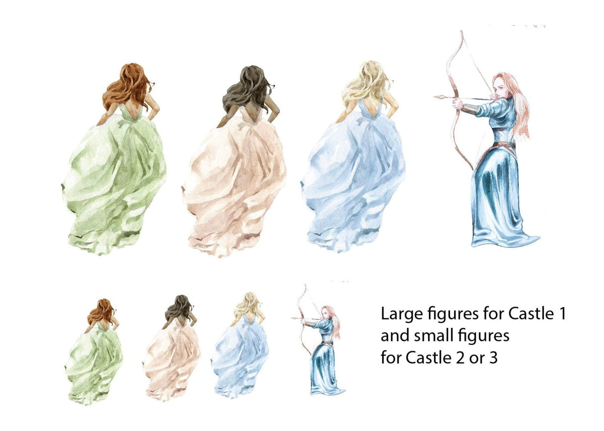 Watercolor illustrations of princess figures in medieval attire viewed from the back, and one figure drawing a bow, with text descriptions for size usage in Fairytale Castle Decals by Cover-Alls.