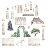 A collection of watercolor illustrations featuring various architectural elements, trees, a white horse, and Fairytale Castle Decals, all depicted in a muted color palette by Cover-Alls.