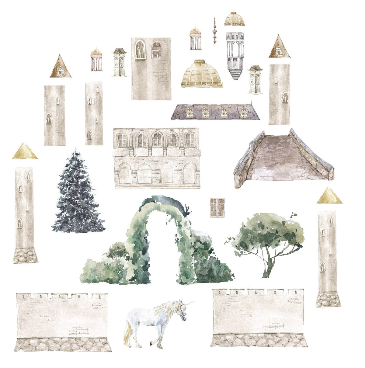 A collection of watercolor illustrations featuring various architectural elements, trees, a white horse, and Fairytale Castle Decals, all depicted in a muted color palette by Cover-Alls.