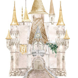 Watercolor illustration of Cover-Alls Fairytale Castle Decals with multiple spires, a central clock, and a grand entrance, featuring a princess figure.