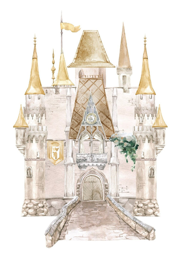 Watercolor illustration of Cover-Alls Fairytale Castle Decals with multiple spires, a central clock, and a grand entrance, featuring a princess figure.