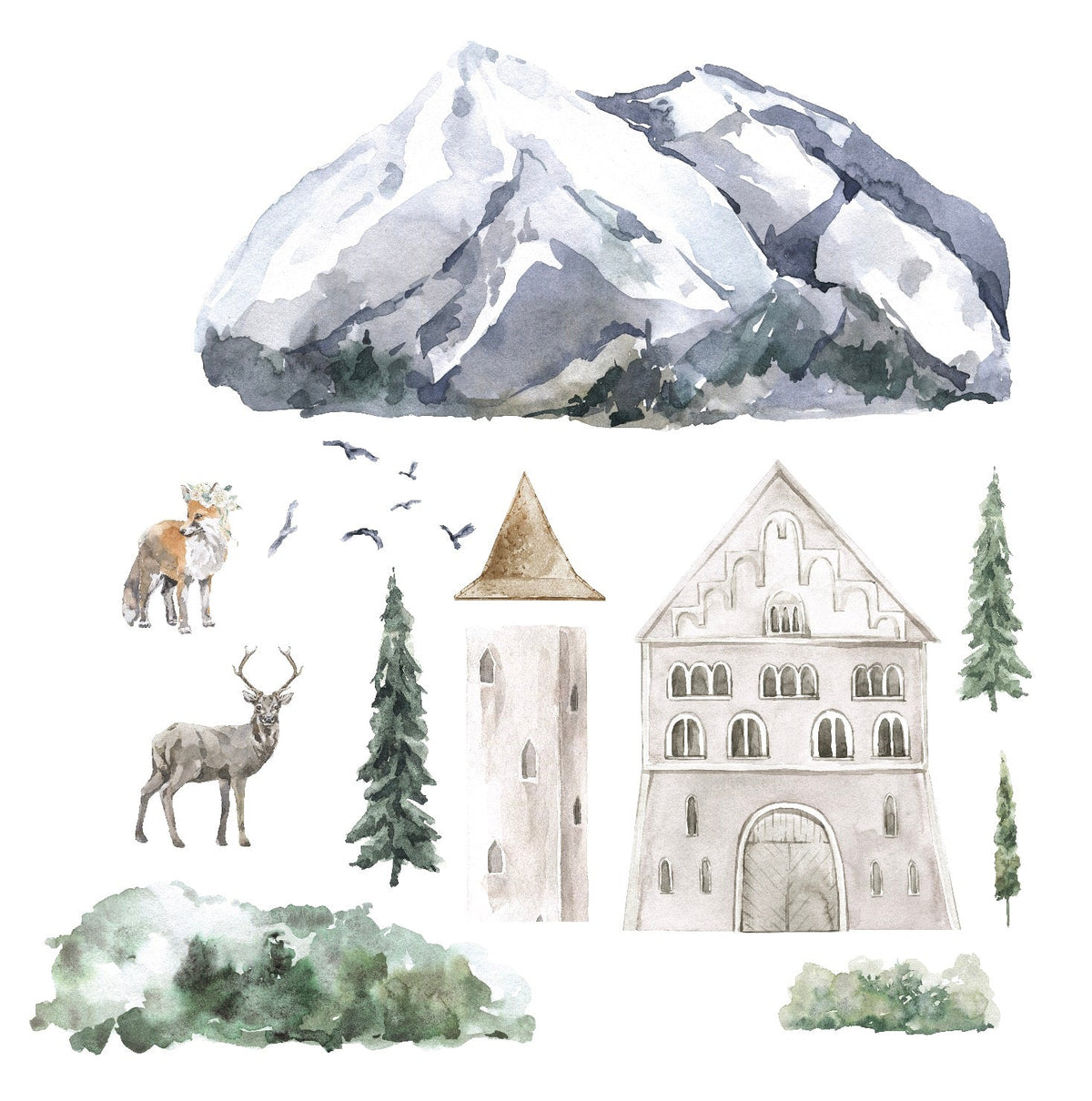 Watercolor painting of a mountain landscape with Fairytale Castle Decals from Cover-Alls, flying birds, a fox, a deer, and pine trees.