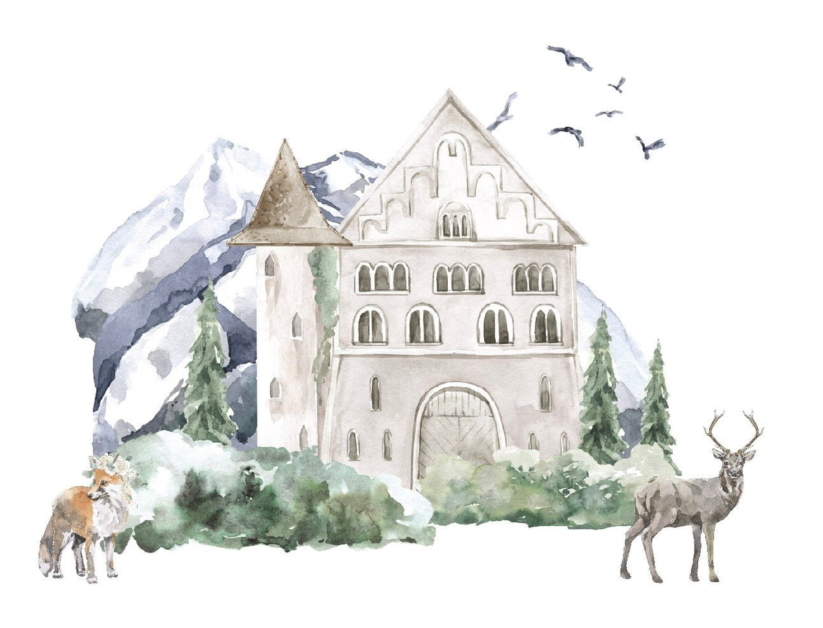 Watercolor painting of Cover-Alls Fairytale Castle Decals with an arched doorway, surrounded by mountains, trees, a fox, and a deer, with birds flying overhead.