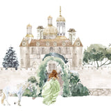 Watercolor illustration of Fairytale Princess Decals by Cover-Alls in a green dress on a white horse approaching Castle 1, surrounded by trees and towers.