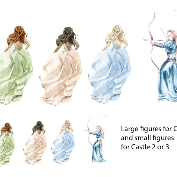 Watercolor illustrations of medieval figures: four women in flowing dresses viewed from behind, and a woman with a bow and arrow, with additional smaller Fairytale Princess Decals by Cover-Alls.