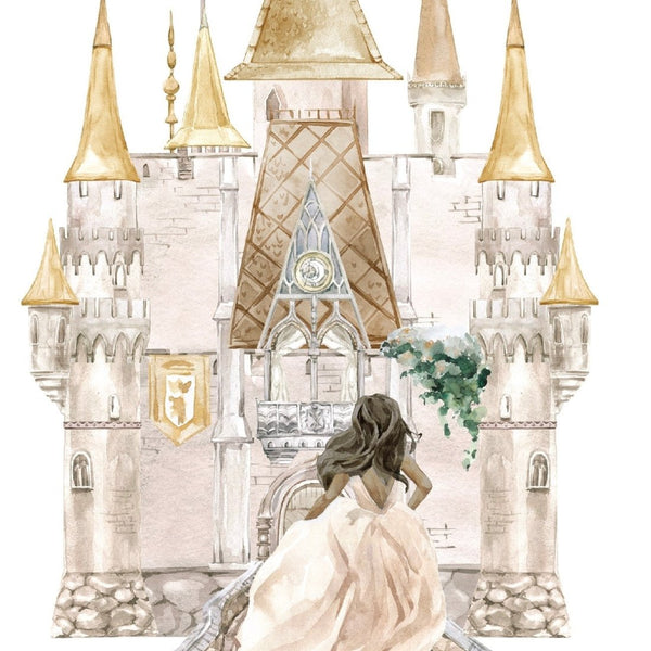 Illustration of a woman in a flowing dress sitting and gazing at a large, fairy-tale castle with multiple towers and Cover-Alls Fairytale Princess Decals.