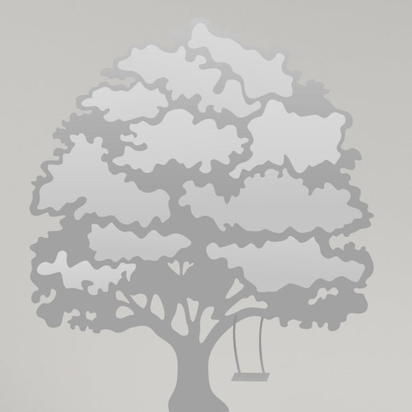Silhouette of a Cover-Alls Family Tree Wall Decal with Custom Photos, with a swing hanging from one of its branches, depicted in a monochrome grey palette against a light grey background.