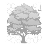 Monochrome illustration of a large tree with detailed leaves and branches, surrounded by abstract circular shapes and a Cover-Alls Family Tree Wall Decal with Custom Photos on the right side.