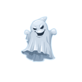 Cover-Alls Ghost Decals with a mischievous expression, floating against a plain green background.