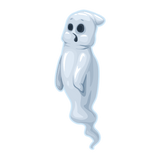 Illustration of a cute Halloween ghost with big eyes and a whimsical expression, floating against a plain green background. (Ghost Decals by Cover-Alls)