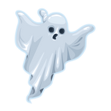 Illustration of a cute Halloween ghost decal from Cover-Alls with a surprised expression, floating against a solid green background.