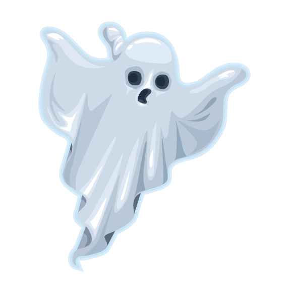 Illustration of a cute Halloween ghost decal from Cover-Alls with a surprised expression, floating against a solid green background.