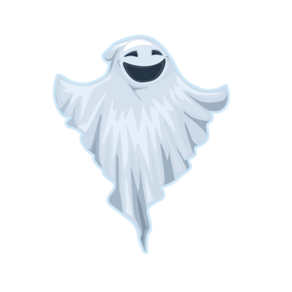 Illustration of a cheerful Halloween ghost with a broad smile, floating, depicted with a flowing, semi-transparent body against a pale green background featuring Cover-Alls Ghost Decals.