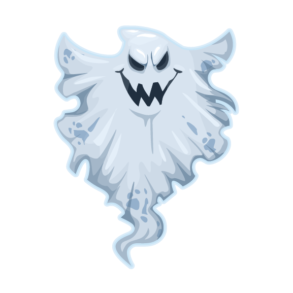 Illustration of a menacing Halloween ghost with a wicked smile and jagged teeth floating against a green background using Cover-Alls Ghost Decals.