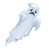 Illustration of a sad-looking Halloween ghost with a droopy posture, depicted in shades of pale blue and white against a green background using Cover-Alls Ghost Decals.