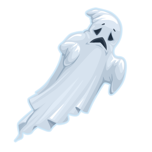 Illustration of a sad-looking Halloween ghost with a droopy posture, depicted in shades of pale blue and white against a green background using Cover-Alls Ghost Decals.