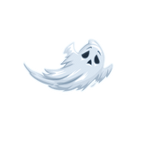 Illustration of a Cover-Alls Halloween Ghost Decal with a spooky expression, floating to the left on a plain green background.