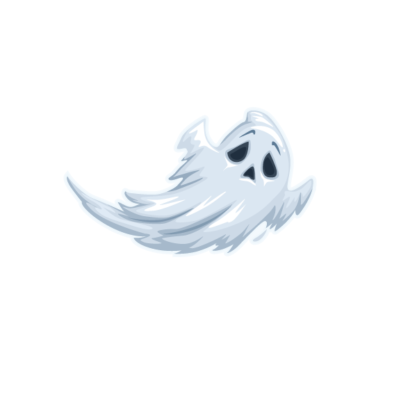Illustration of a Cover-Alls Halloween Ghost Decal with a spooky expression, floating to the left on a plain green background.