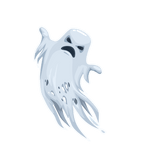 Illustration of an angry Cover-Alls Ghost Decals, depicted in a semi-translucent pale blue color, floating against a green background. Its expression is menacing with a scowling face.