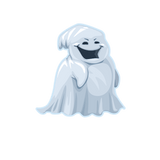A cheerful Cover-Alls Halloween Ghost Decal with a wide smile and draped in a flowing white sheet, floating against a plain green background.